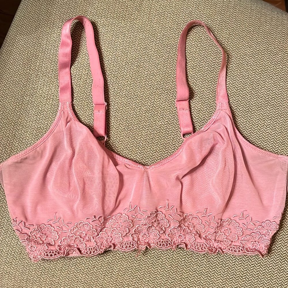 Olga vintage sheer lace pink bra 38 DD E sheer floral mesh underwire adj straps